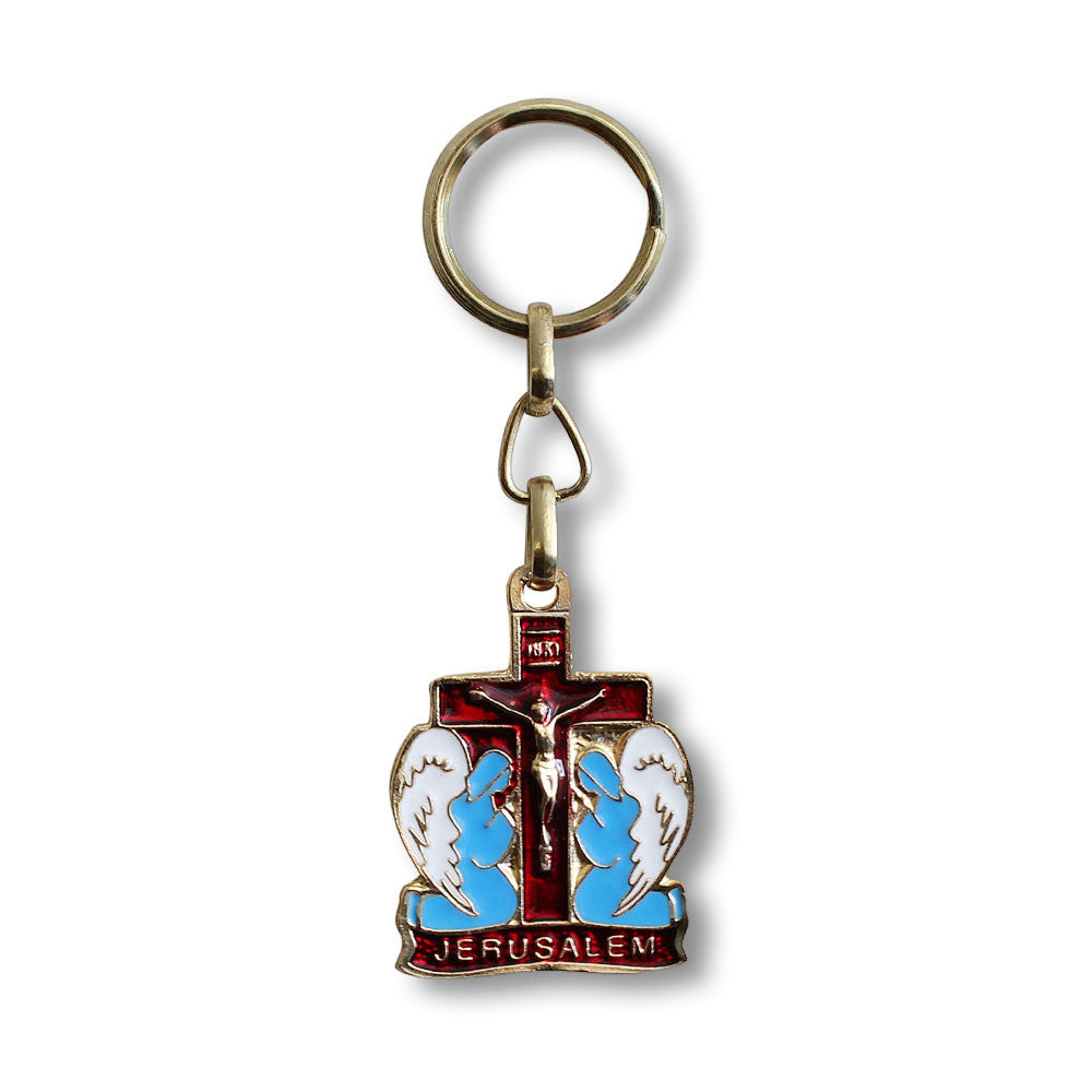 Jerusalem Cross Angels Jesus Crucifix Christianity Key Chain - Red and Blue - Made in Israel
