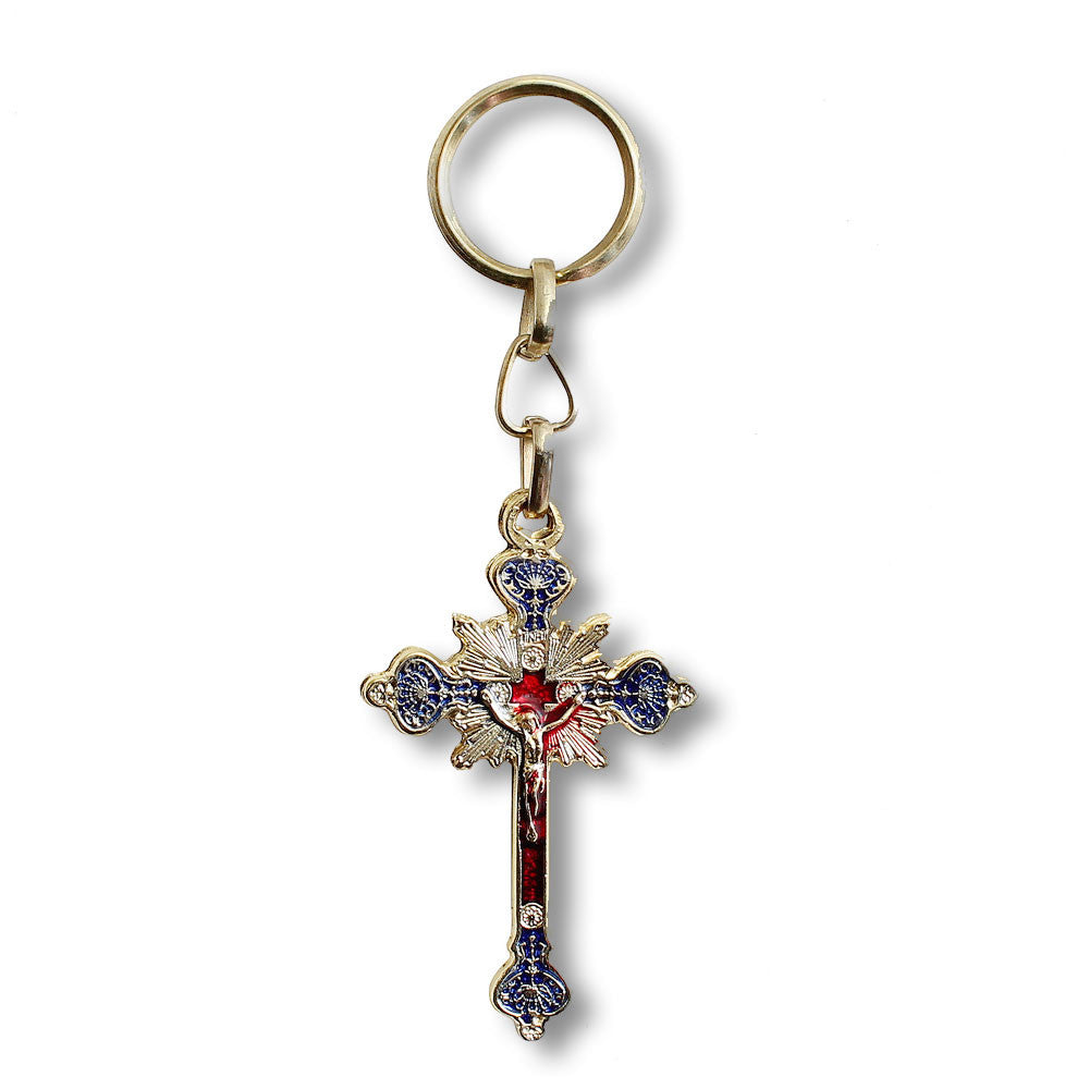 Yellow-Tone Cross Jesus Crucifix Christianity Key Chain - Red and Blue - Made in Israel