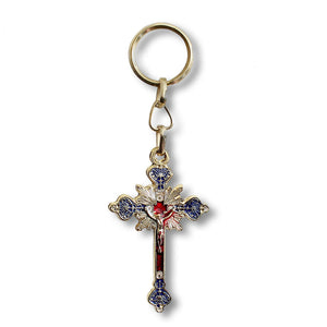 Yellow-Tone Cross Jesus Crucifix Christianity Key Chain - Red and Blue - Made in Israel