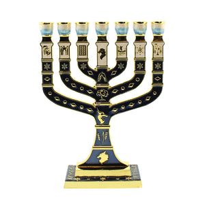 Blue and Yellow Gold-Tone Menorah 7 Branches Jerusalem 12 Tribes of Israel - Height 5" (inches)