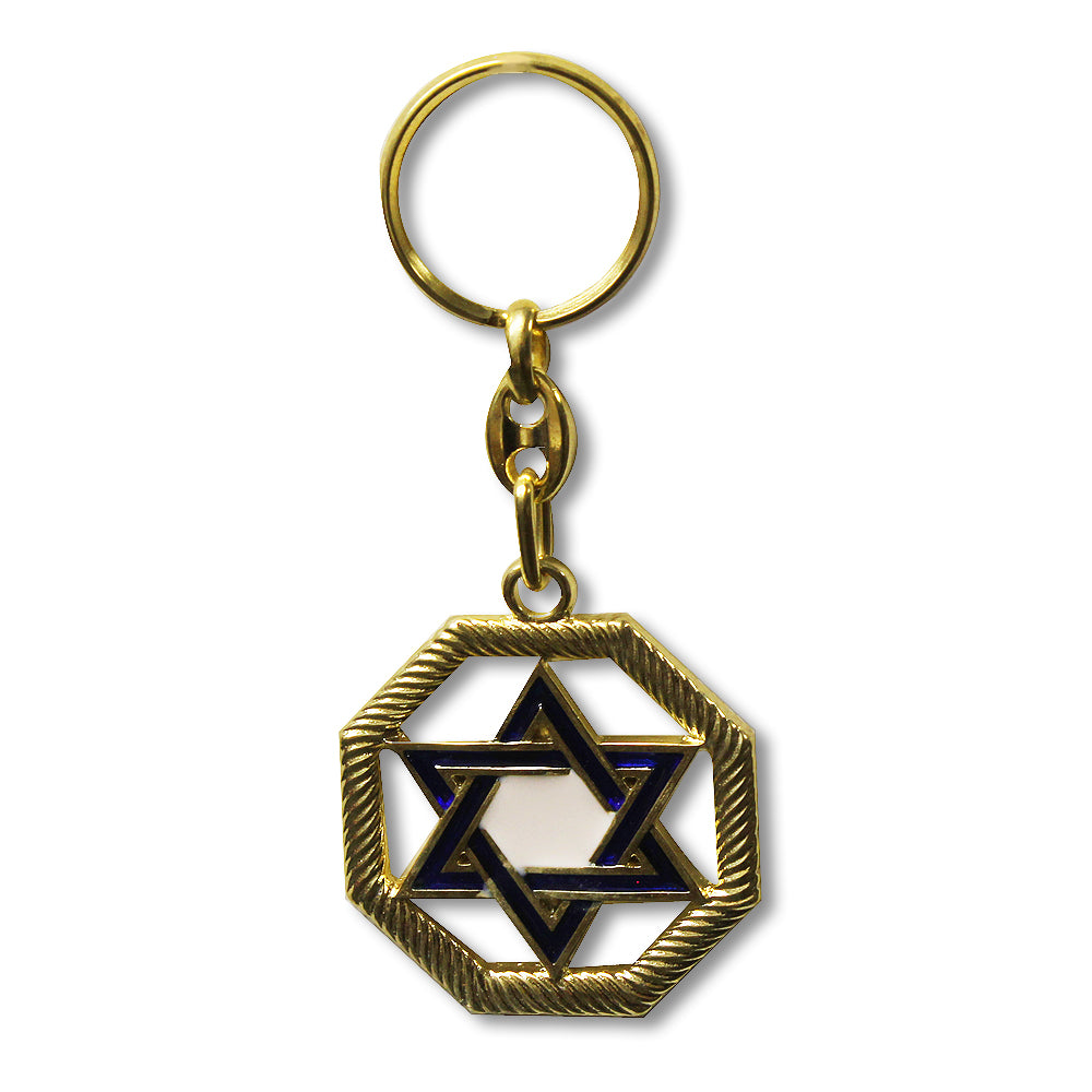Metal Yellow Gold-Tone Blue Jewish Star of David Menorah Design Key Chain Keychain, 1.75" - Made in Israel