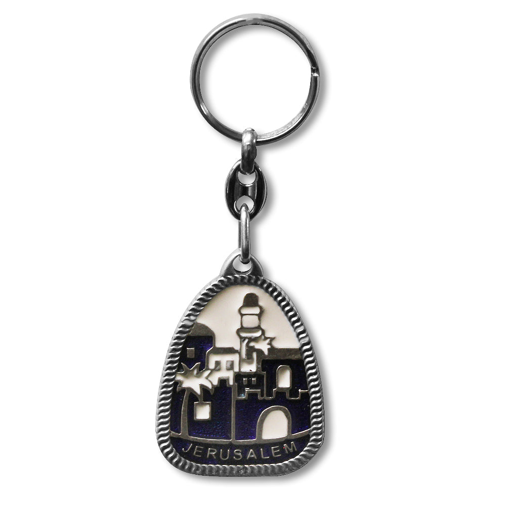 Metal Blue Silver-Tone Jerusalem City Design Key Chain Keychain, 2" - Made in Israel