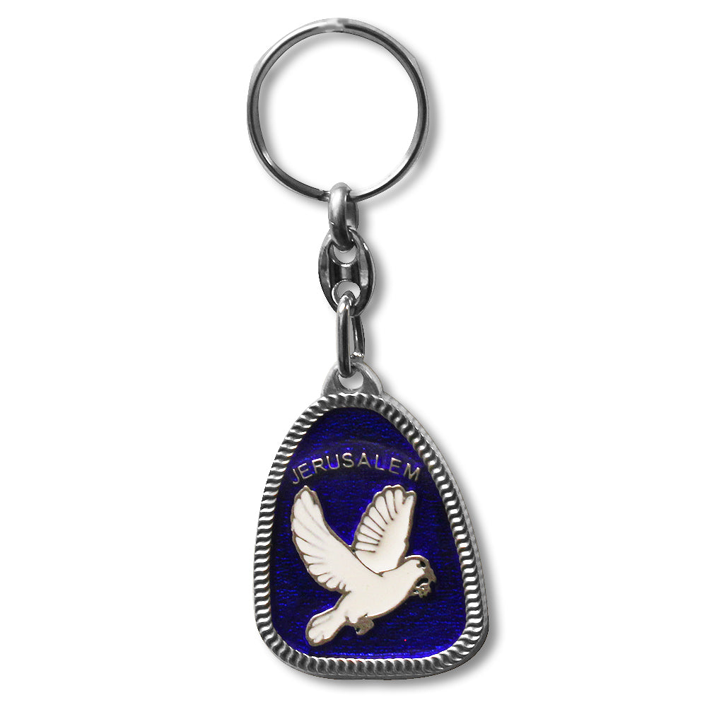 Metal Blue Silver-Tone Jerusalem Peace White Dove Bird Key Chain Keychain, 2" - Made in Israel