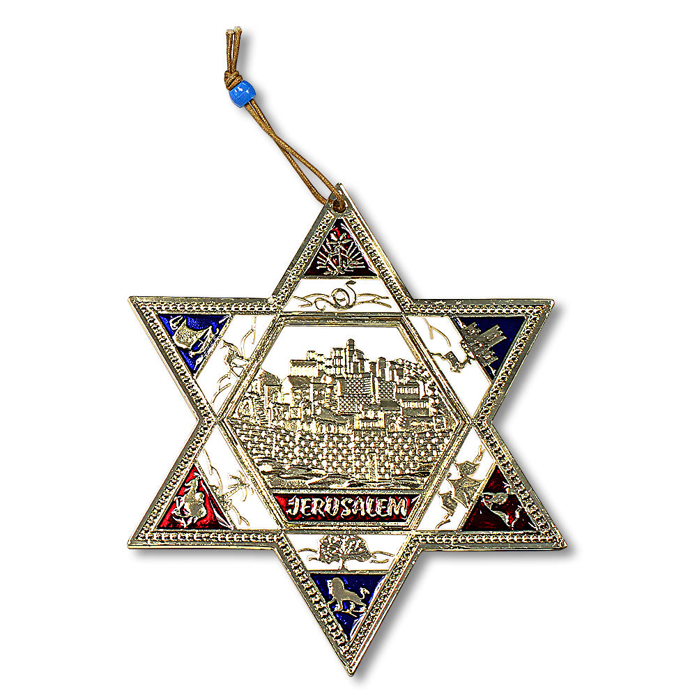 Metal Red White Blue Jerusalem Design Star of David Wall Decor Art Plaque, 6" - Made in Israel