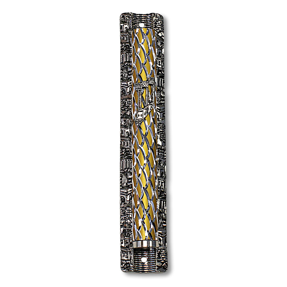 Metal Gray Silver-Tone Gold-Tone Pattern Classic Mezuzah Case, 6.5" - Made in Israel