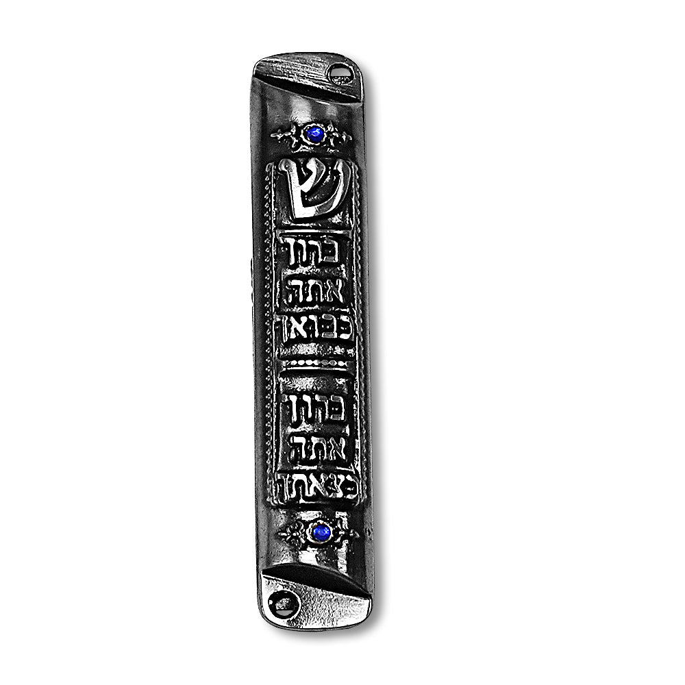 Metal Gray Silver-Tone Blessing in Hebrew Blue CZ Mezuzah Case, 4" - Made in Israel