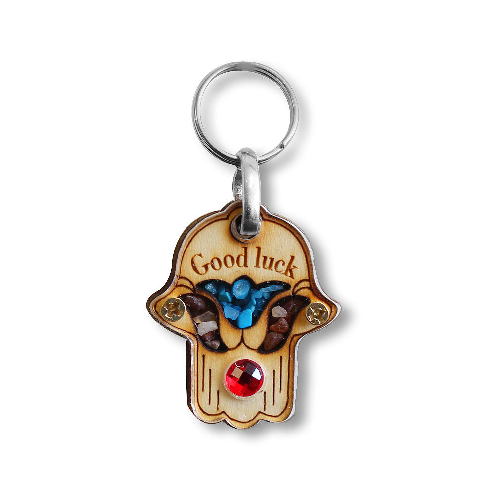 Wooden Hamsa Good Luck Key Chain Simulated Gemstones - Made in Israel
