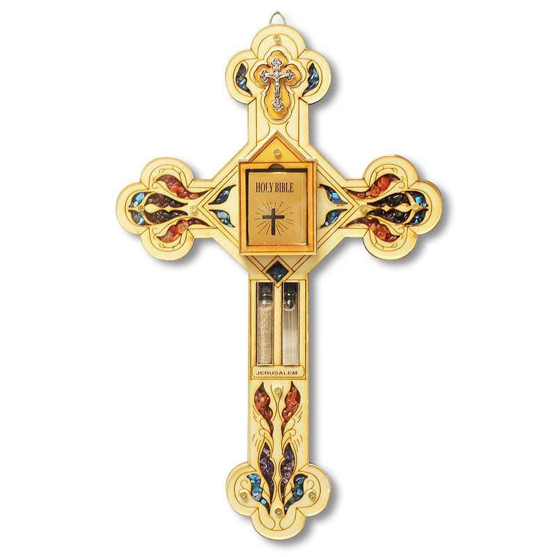 Wooden Large Religious Christian Cross Holy Bible Soil Water Simulated Gemstones Wall Decor - Made in Israel