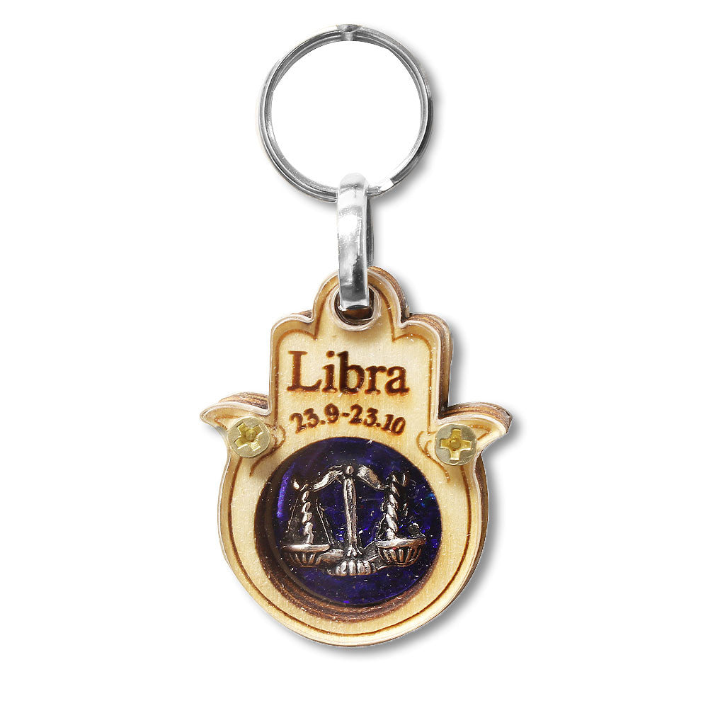 Wooden Good Luck Hamsa Hand Key Chain Keychain Zodiac Sign - Libra - Made in Israel