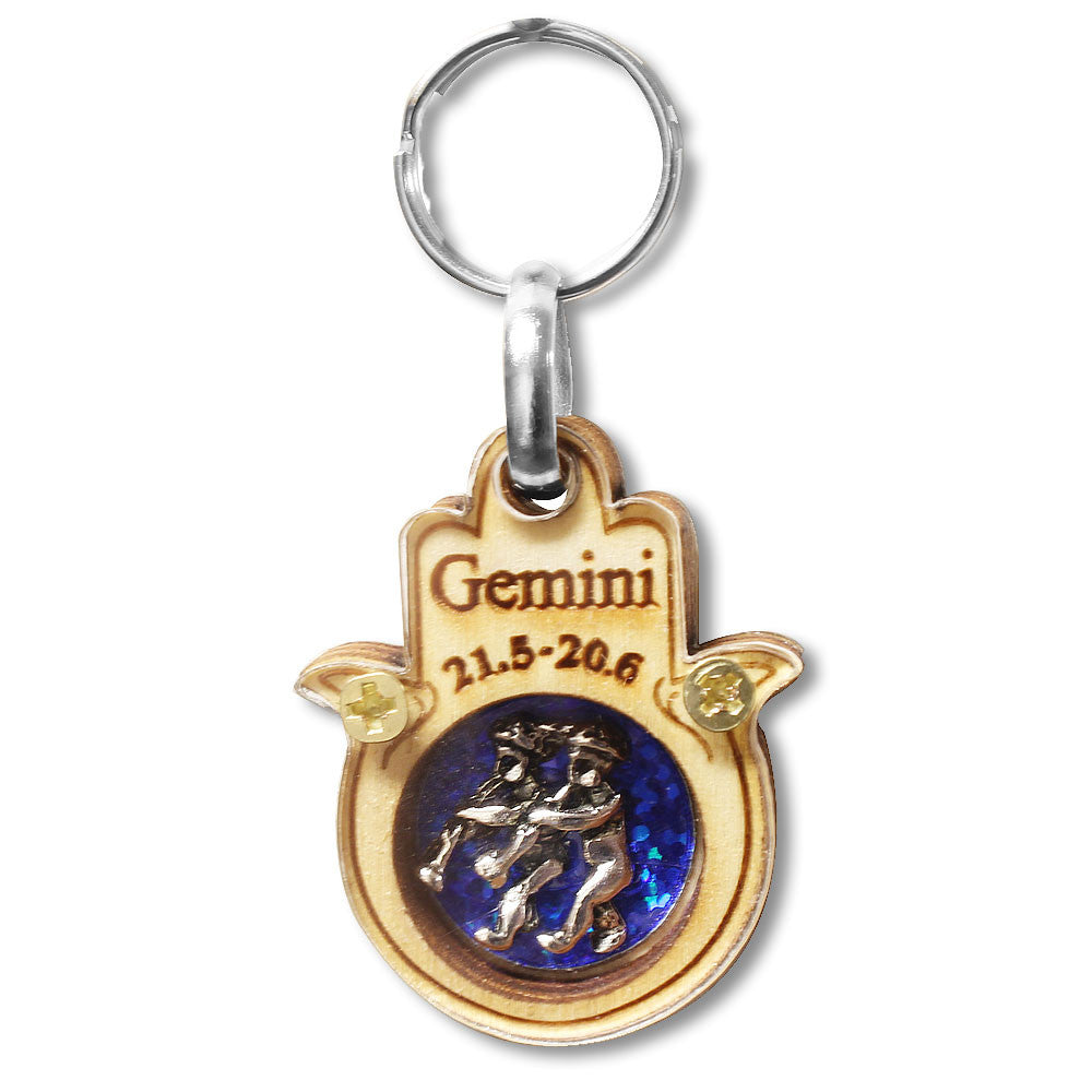 Wooden Good Luck Hamsa Hand Key Chain Keychain Zodiac Sign - Gemini - Made in Israel