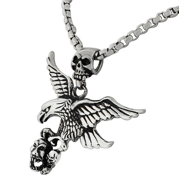 Stainless Steel Silver-Tone Large Mens Link Chain Eagle Scull Head Necklace Pendant