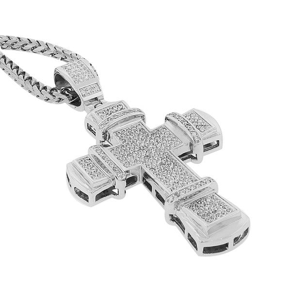 Stainless Steel White CZ Large Hip Hop Cross Mens Pendant with Chain