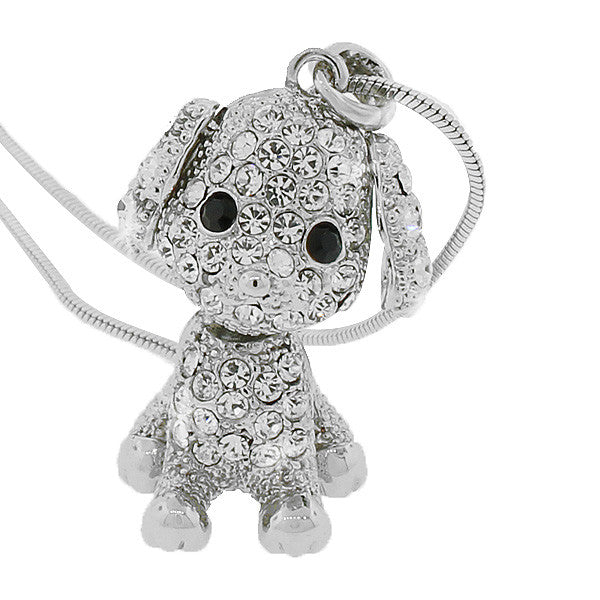 Silver-Tone White Multicolor CZ Puppy Dog Womens Girls Pendant Necklace with Chain