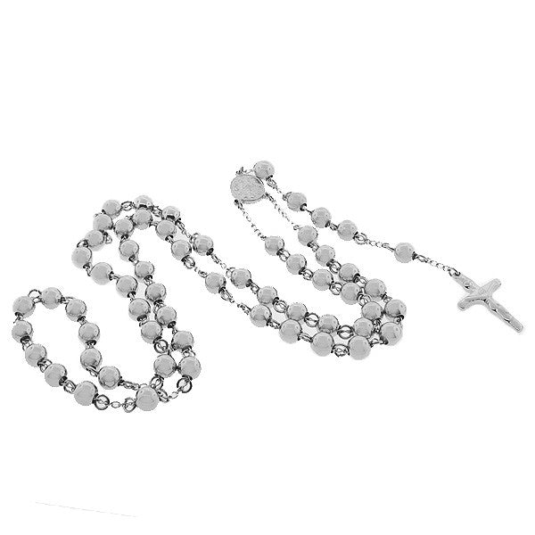 Stainless Steel Silver-Tone Beads Religious Cross Rosary Necklace Pendant