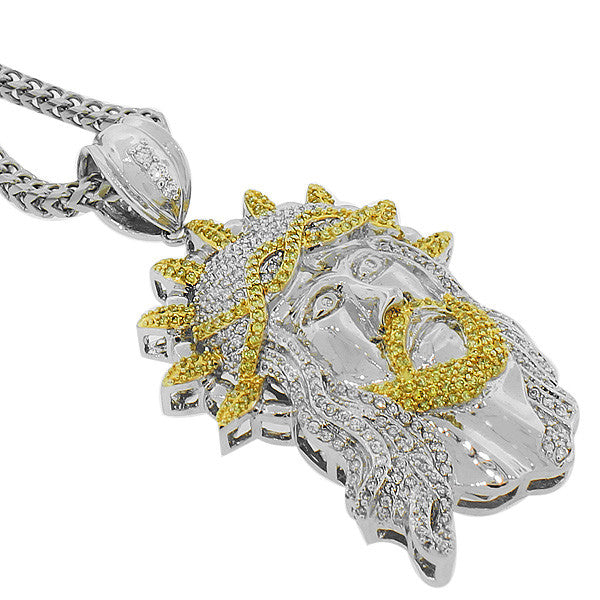 925 Sterling Silver White Yellow CZ Large Jesus Head Hip Hop Mens Pendant Necklace with Chain