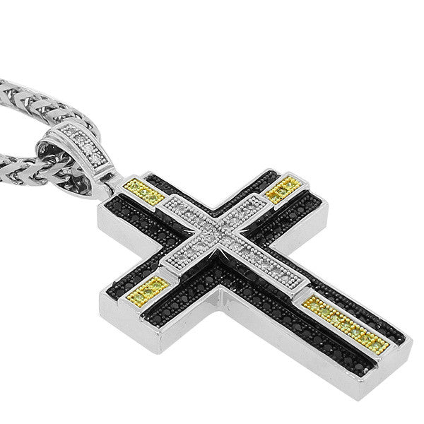 925 Sterling Silver White Black Yellow CZ Large Hip Hop Cross Mens Pendant with Chain