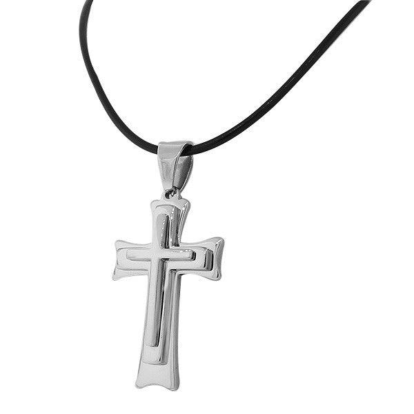 Stainless Steel Silver-Tone Religious Cross Mens Pendant Necklace with Chain
