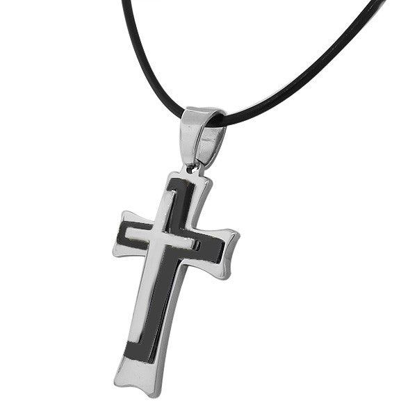 Stainless Steel Black Silver-Tone Religious Cross Mens Pendant Necklace