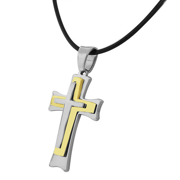 Stainless Steel Two-Tone Religious Cross Mens Pendant Necklace