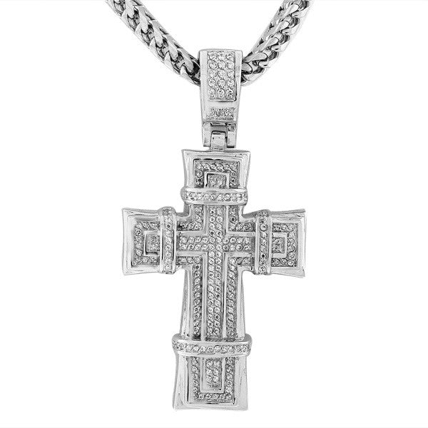 Stainless Steel White CZ Large Hip Hop Cross with Chain Mens Pendant
