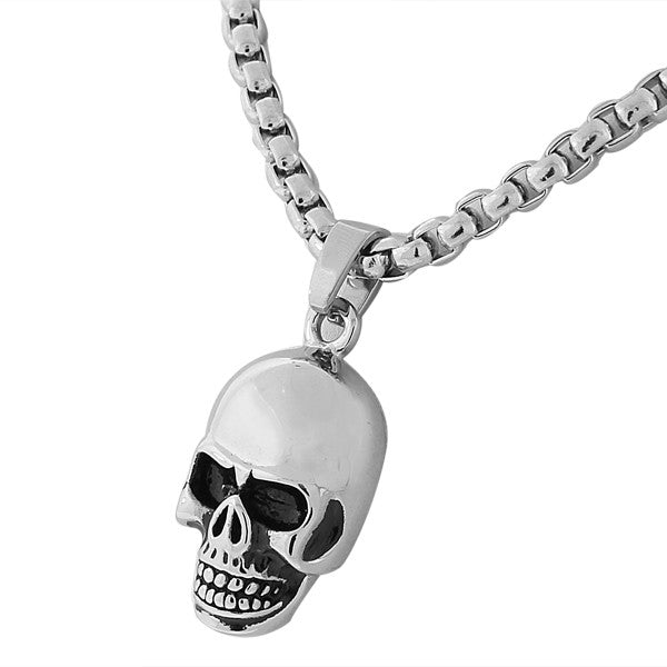 Stainless Steel Silver-Tone Large Mens Link Chain Scull Head Necklace Pendant with Chain