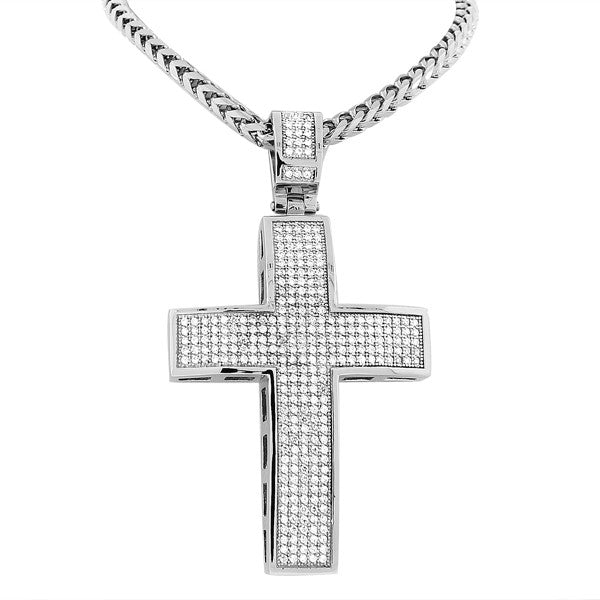 Stainless Steel White CZ Large Hip Hop Cross with Chain Mens Pendant