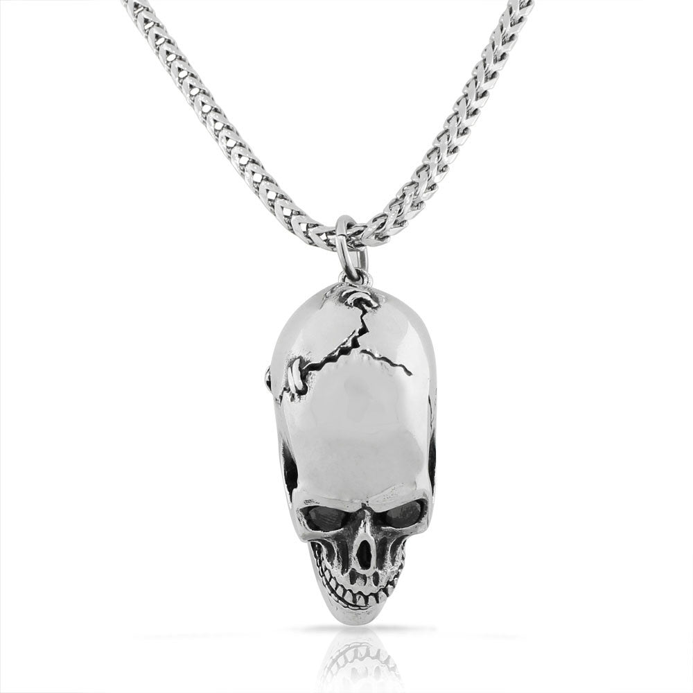 Stainless Steel Large Silver-tone Black CZ Grinning Skull Mens Pendant Necklace