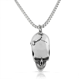 Stainless Steel Large Silver-tone Black CZ Grinning Skull Mens Pendant Necklace