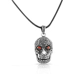 Stainless Steel Filigree Silver-tone Red Ruby-Tone CZ Grinning Skull Mens Pendant Necklace
