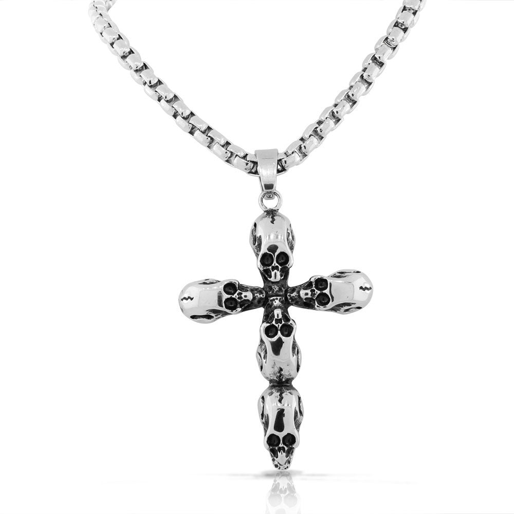 Stainless Steel Silver-tone Skull Cross Mens Pendant Necklace