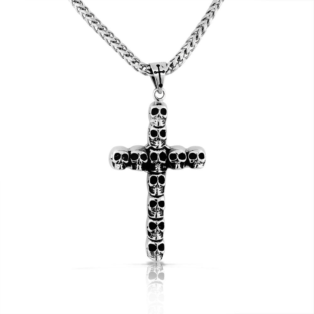 Stainless Steel Large Silver-tone Skull Cross Mens Pendant Necklace