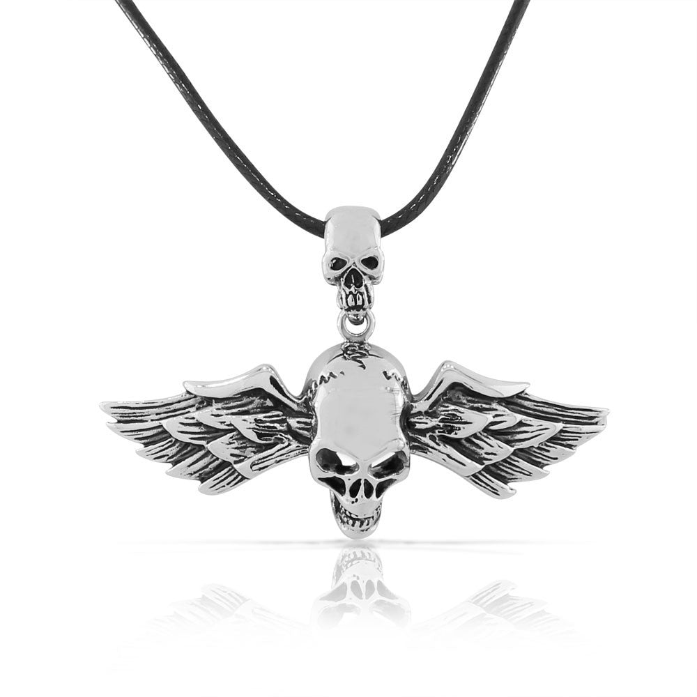 Stainless Steel Silver-tone Skull Wings Mens Pendant Necklace