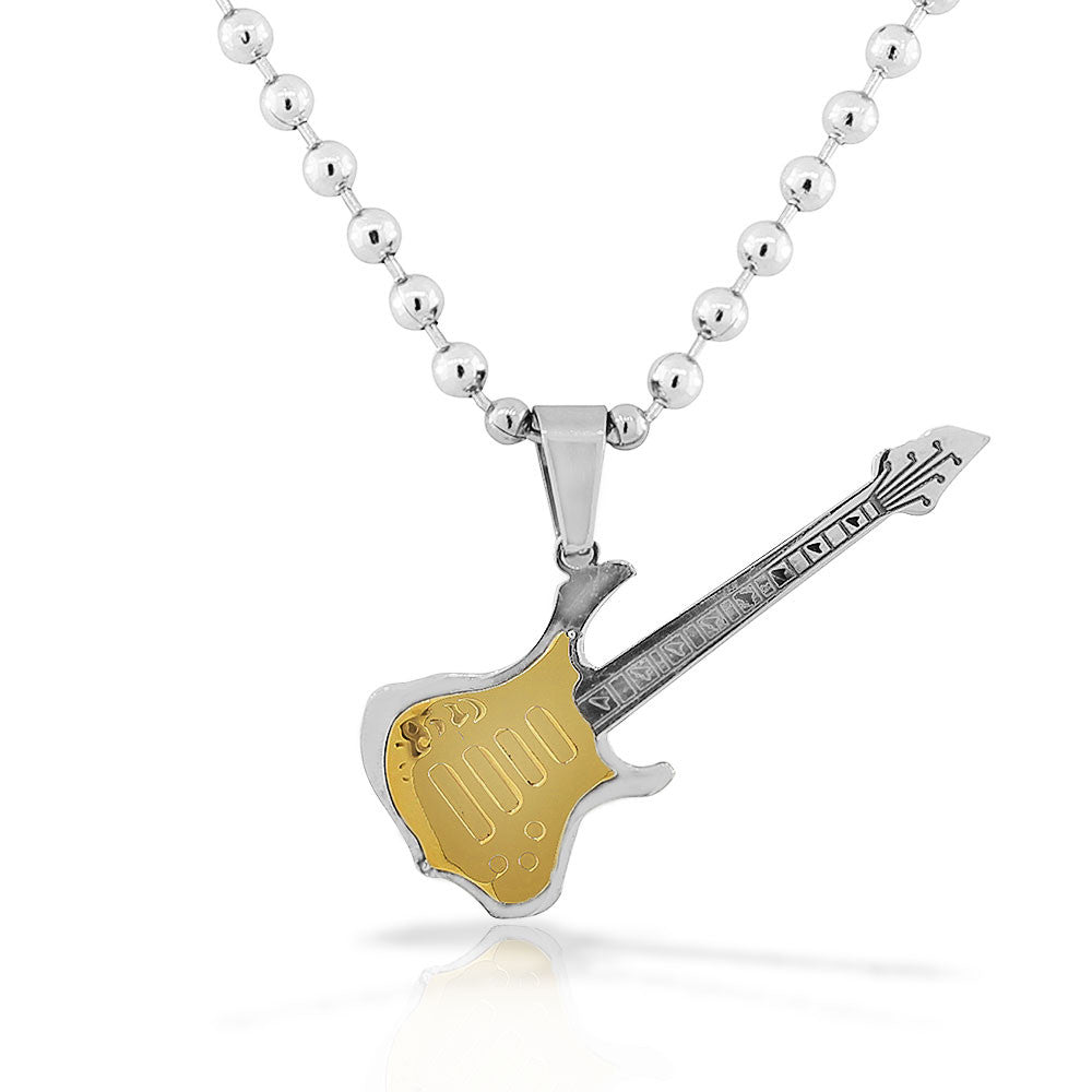 Stainless Steel Yellow Gold-Tone Silver-Tone Guitar Pendant Necklace