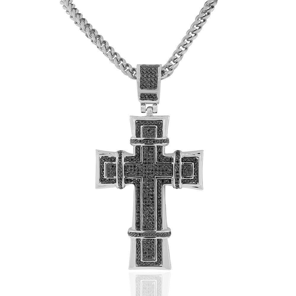 Stainless Steel Silver-Tone Black CZ Large Statement Hip-Hop Religious Cross Necklace, 36"