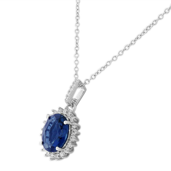 Blue Sapphire-Tone White CZ Oval Charm Necklace Stud Earrings Set