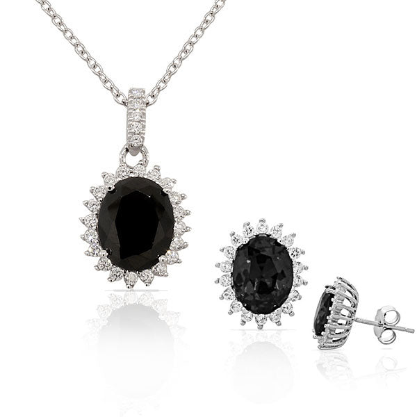 Black White CZ Oval Charm Womens Pendant Necklace Stud Earrings Set
