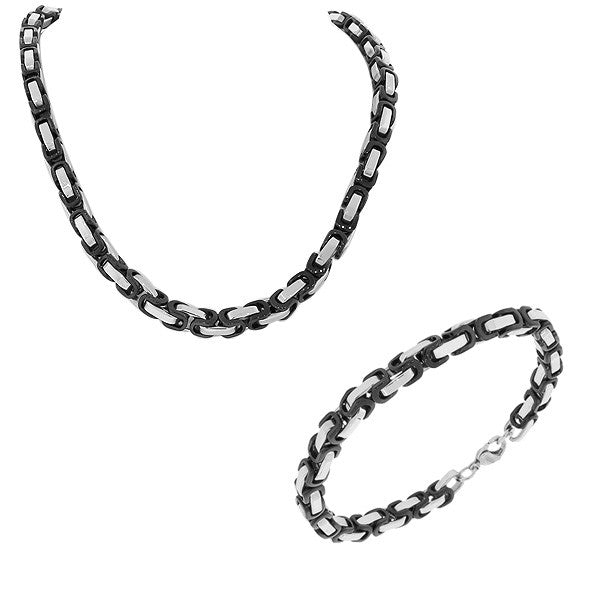 EDFORCE Stainless Steel Silver-Tone Black Mens Classic Link Chain Necklace Bracelet Set