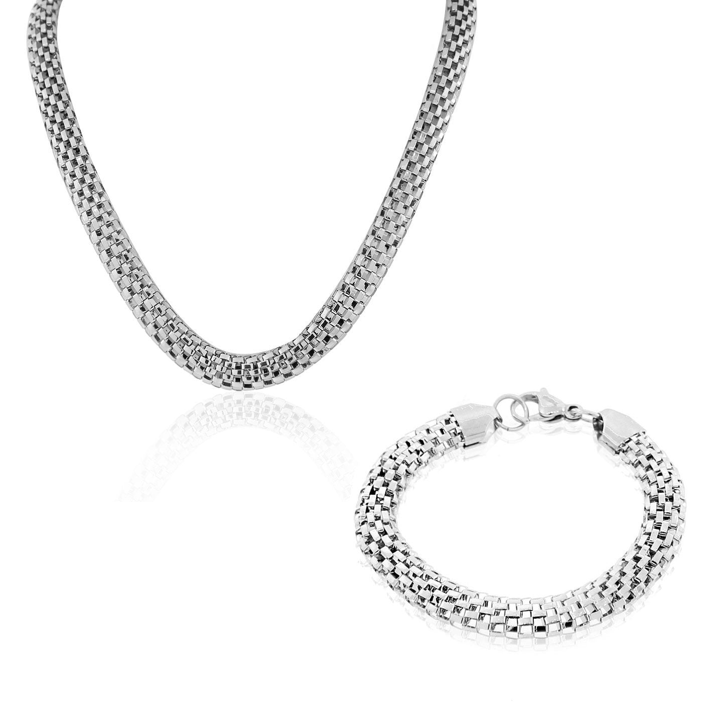 EDFORCE Stainless Steel Silver-Tone Mesh Necklace Bracelet Set 