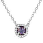 925 Sterling Silver Small Solitaire Purple White CZ Pendant Necklace with Chain