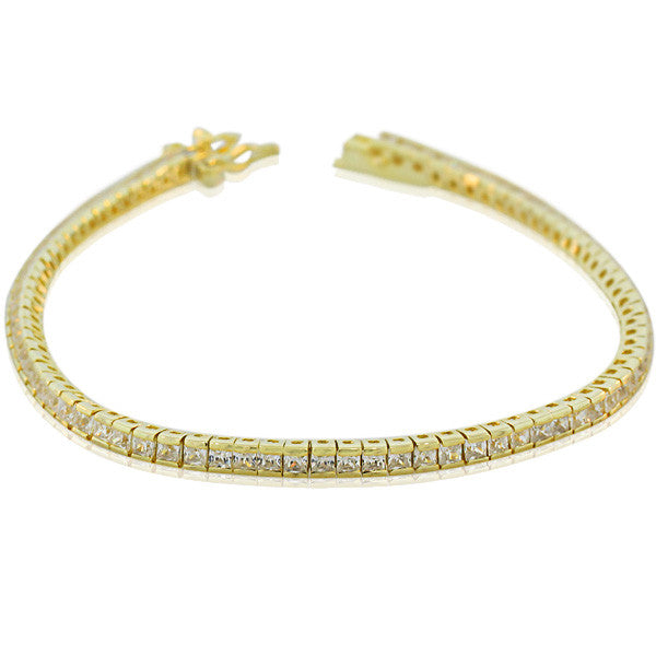 925 Sterling Silver Yellow Gold-Tone Classic White CZ Womens Tennis Bracelet