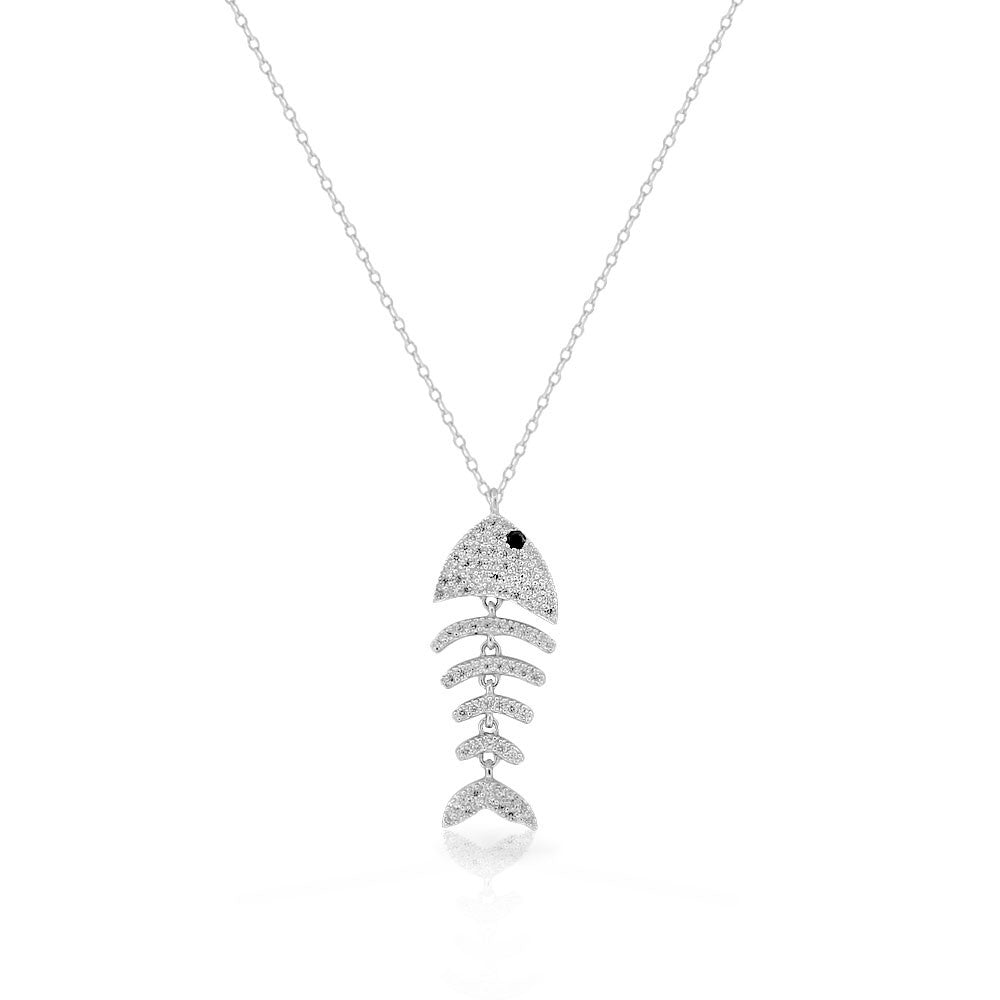 925 Sterling Silver Clear White CZ Fishbone Fish Bones Skeleton Pendant Necklace