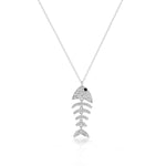 925 Sterling Silver Clear White CZ Fishbone Fish Bones Skeleton Pendant Necklace