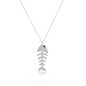 925 Sterling Silver Clear White CZ Fishbone Fish Bones Skeleton Pendant Necklace