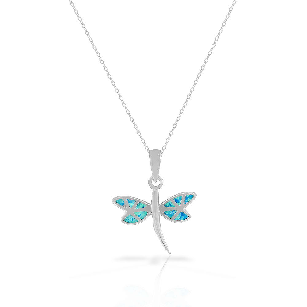 925 Sterling Silver Blue Turquoise-Tone Simulated Opal Dragonfly Pendant Necklace