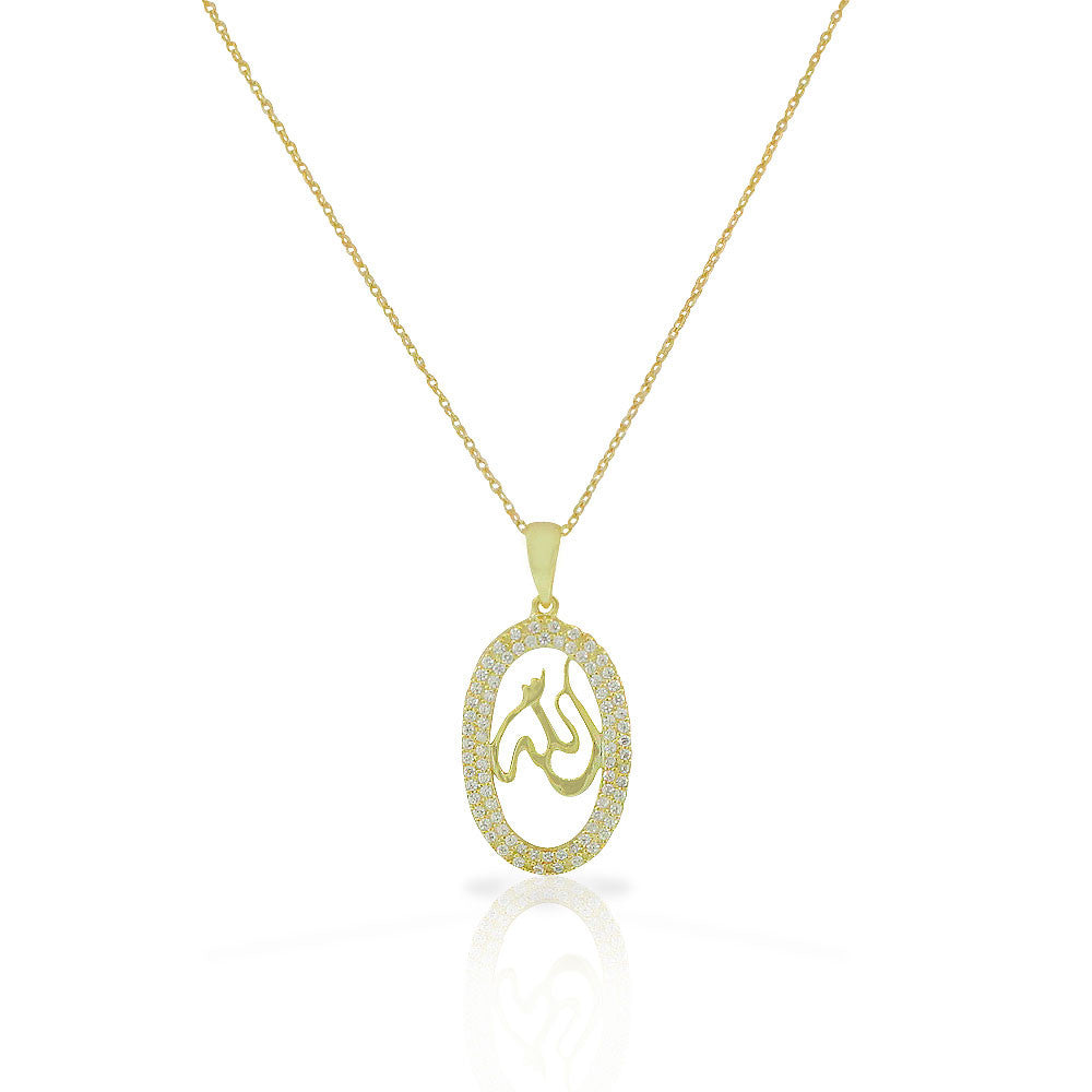 925 Sterling Silver Yellow Gold-Tone White CZ Muslim Islam God Allah Pendant Necklace
