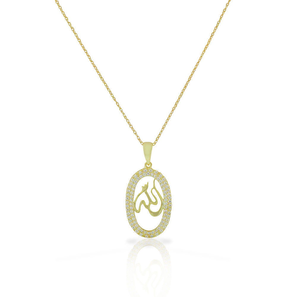 925 Sterling Silver Yellow Gold-Tone White CZ Muslim Islam God Allah Pendant Necklace