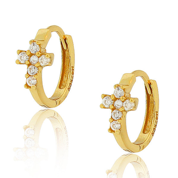925 Sterling Silver Yellow Gold-Tone White Round CZ Religious Latin Cross Hoop Huggie Earrings