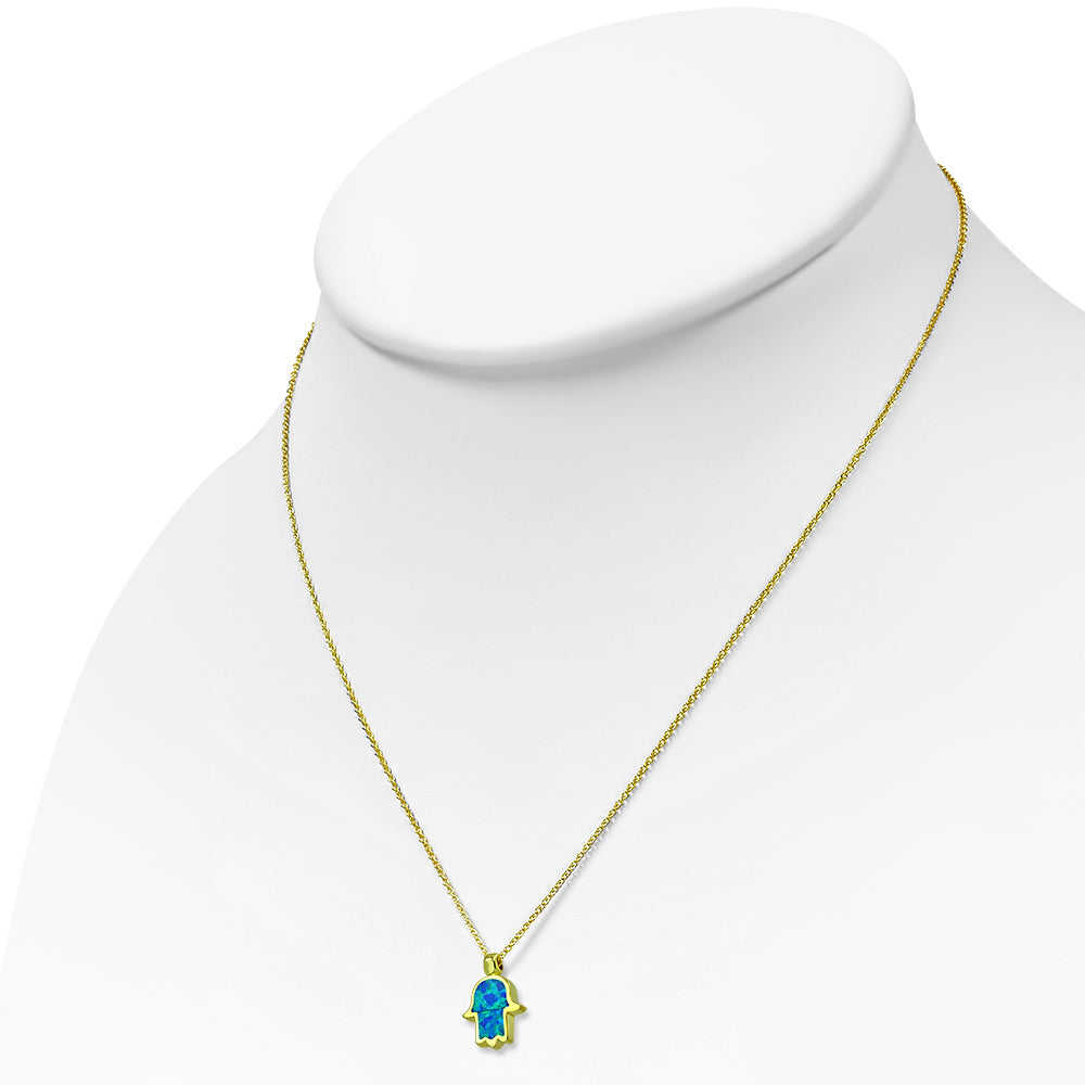 Dainty Gold Inlay Opal Hamsa Charm Necklace Pendant Sterling Silver