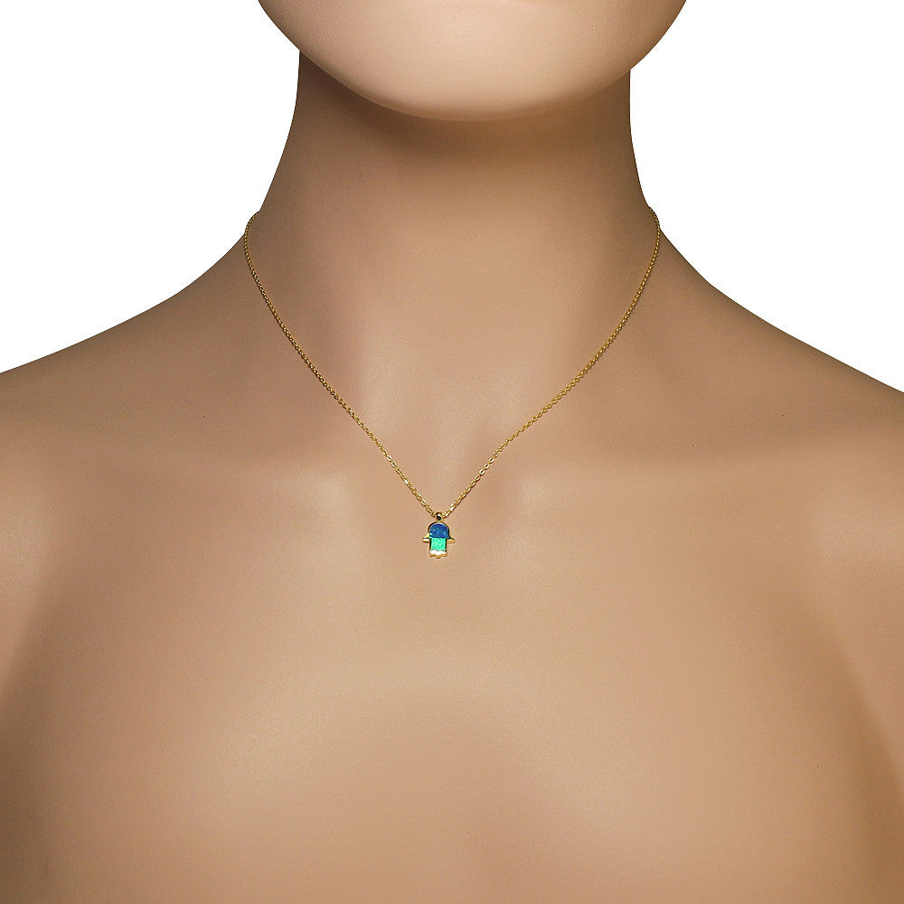 Dainty Gold Inlay Opal Hamsa Charm Necklace Pendant Sterling Silver