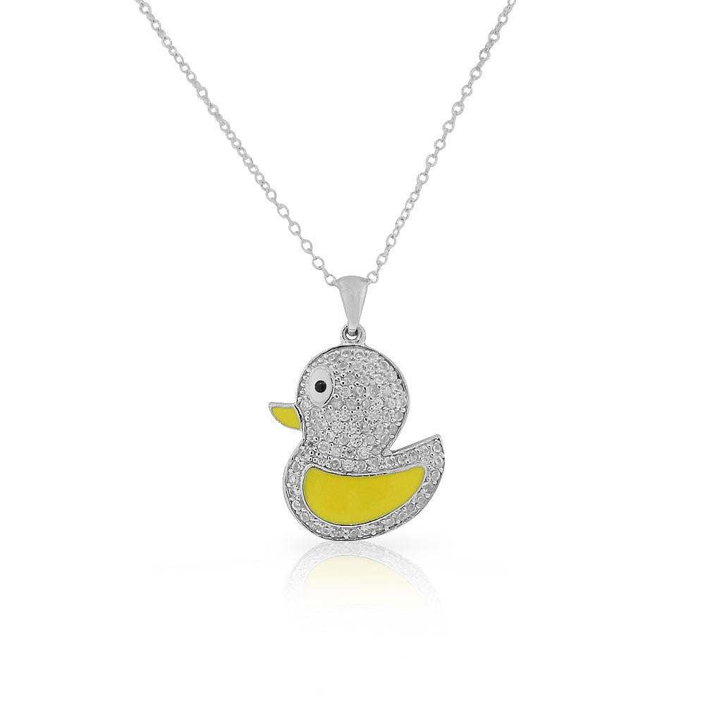 925 Sterling Silver Yellow Enamel White Clear CZ Duck Pendant Necklace, 18"